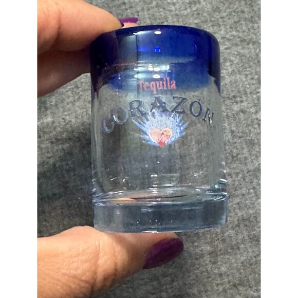 12- CORAZON TEQUILA Shot Glass Hand Blown Cobalt Blue Rim Barware-Printing Faded - Picture 2 of 3